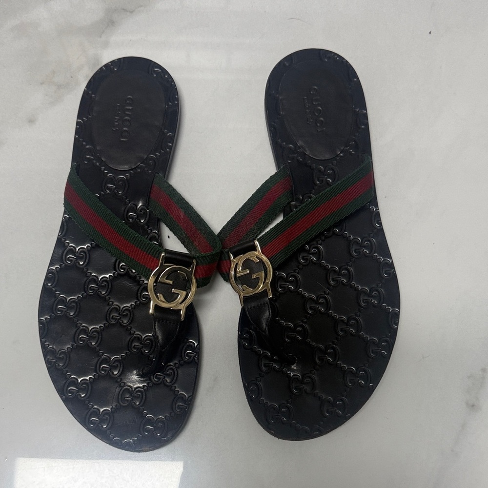 Gucci Black Slides with Red and Green Straps